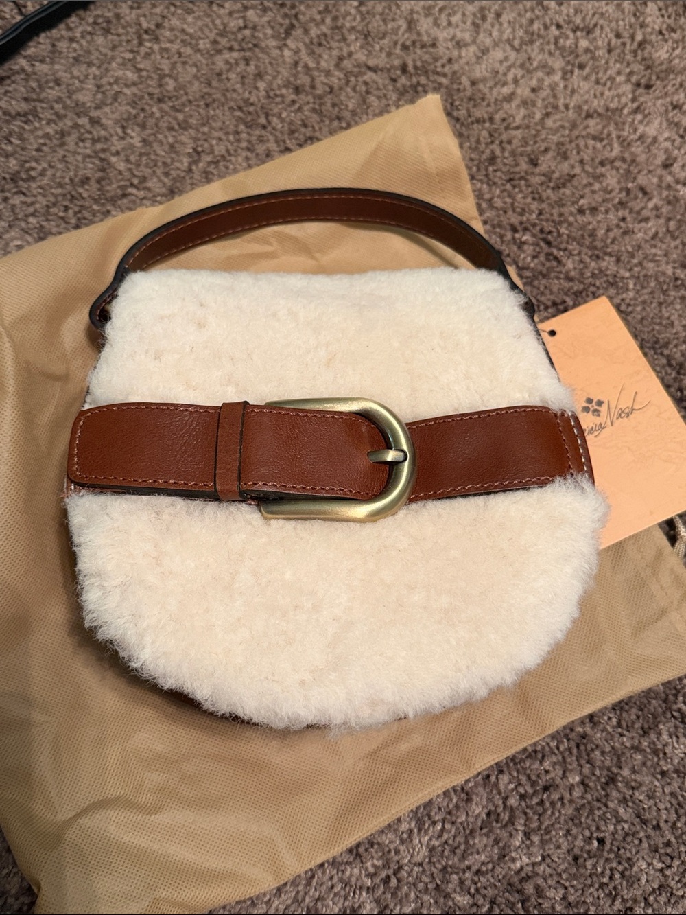 Patricia Nash Cream Shearling Mini Bag with Brown Leather Strap